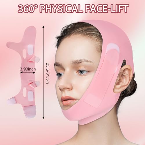 V Line Lifting Mask, Soft Silicone Double Chin Reducer, Chin Strap for Sleeping - Jawline Shaper - Face Lifting Strap 23-27 Inches (Pink)