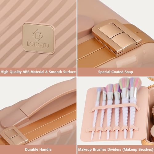 Longyu Makeup Box with Lighted Mirror Travel Train Case Cosmetic Organizer and Makeup Suitcase with Adjustable Dividers and 5X Mirror (Pink)