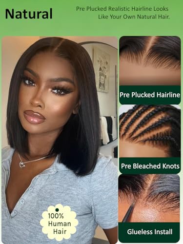 KLAIYI Bye Bye Slip Bob Wig 12" Human Hair Glueless 7x5 HD Lace