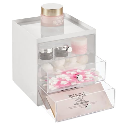 mDesign Plastic 3 Drawer Organizer for Makeup Storage - Large Stackable Makeup Organization and Storage Cube with Drawers for Bathroom, Vanity, Desk - Makeup Storage Drawers - Light Gray/Clear