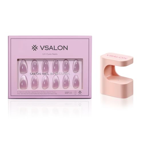 VSALON Press On Nails Short Almond Lavender Purple Cat Eye Design, 32 Pcs in 16 Sizes, Reusable Nail Kit with Long-Lasting UV Glue, Adhesive Tabs, Nail Glue & Nail Lamp
