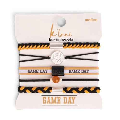 K'lani Game Day Hair Tie Bracelets ? 5-Pack Stretchy No-Crease Hair Ties & Stylish Bracelets ? Team Color Accessory for Hair or Wrist - Black & Gold, Medium