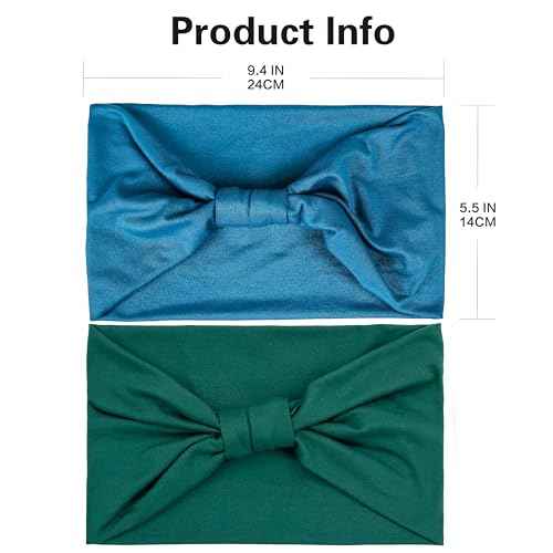 GiLi 2 Pack Wide Headbands for Women Boho African Knotted Non Slip Fashion Hair Bands Yoga Running Sports Workout Gym Head Wraps Elastic Soft Cotton Cloth Turbans Bandana for Girls (Dark Green, Teal)