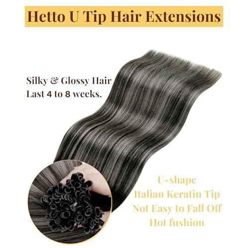 Hetto U Tip Hair Extensions Human Hair Black Ombre Ktip Human Hair Extensions Balayage Black to Silver Grey K Tips Hair Extensions Human Hair 18 Inch 50g 50s