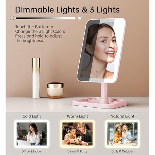 Famihomii Rechargeable Lighted Makeup Mirror for Girls, Desk Mirror with Lights, Detachable 10X Magnifying Mirror, Storage Base, 360¡Æ Rotation, Dimmable Lights for Teens Gifts, Pink