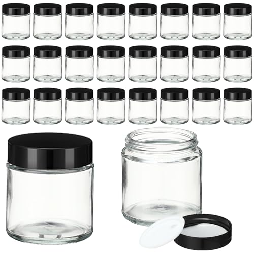 24 Pcs 4 oz Glass Jars with Lids, Clear Candle Jars with Black Lids Round Empty Candles Container Tins Candle Making Storing Lotions Spice Powder Liquid Sample Makeup (Clear)