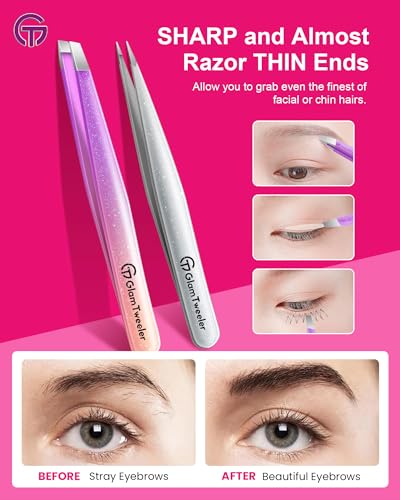 GlamTweeler Precision Tweezers Set - Slant & Point Tips with Case
