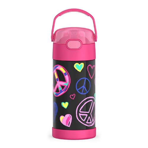 THERMOS FUNTAINER Water Bottle with Straw - 12 Ounce, Peace - Kids Stainless Steel Vacuum Insulated Water Bottle with Lid