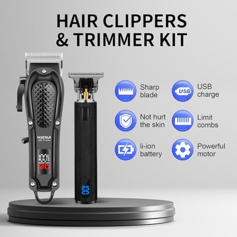 HIENA PRO Cordless Hair Clippers Set with Adjustable Blades & LED Display