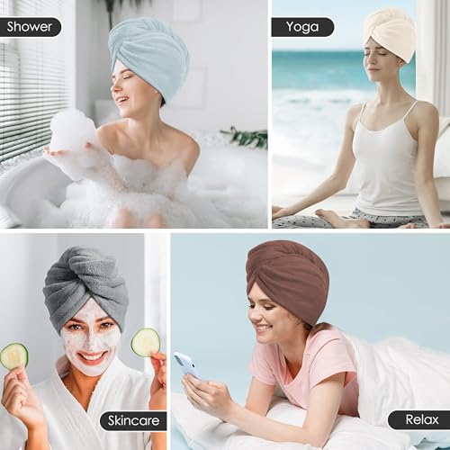 TENSTARS 5-Pack Microfiber Hair Towel Wrap in Cream, White, Brown, Light Teal & Grey - Quick Dry & Soft Turban for All Hair Types