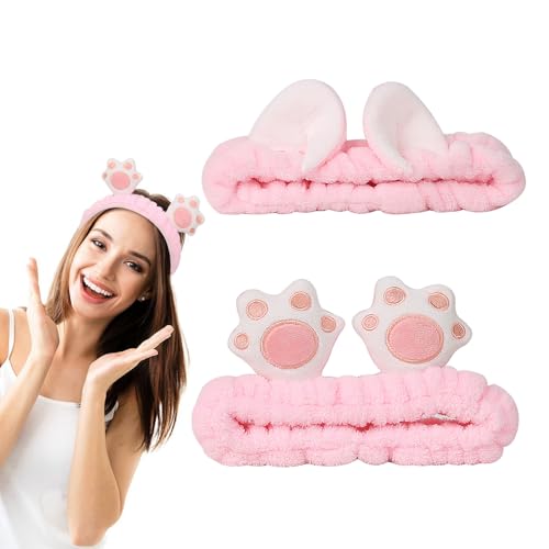 NENMATTE Cat Ears Spa Headband Plush Cat Paw Makeup Headband for Women Girl,Fluffy Wash Face Hair Bands Cartoon Cute Headbands 2 Pcs Microfiber Soft Coral Fleece Skincare Hair Bands…