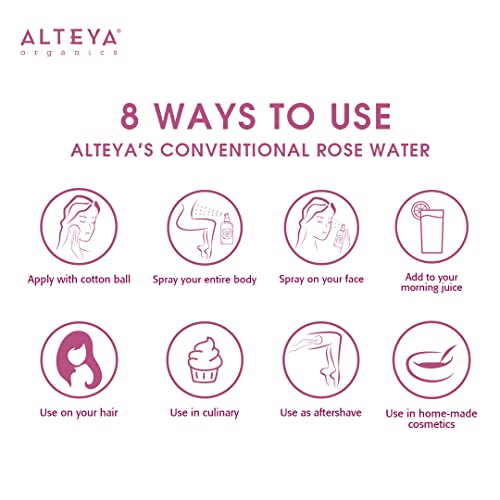 Alteya Organics Rose Water Natural Facial Toner, 8.5 Fl Oz/250mL Pure Bulgarian Rosa Damascena Flower Water, Award-Winning Moisturizer BPA-Free Bottle with Reducer