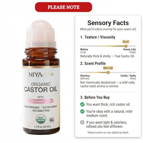 Organic Castor Oil Roll-On with Rose Quartz - 1.7 oz Cold Pressed, Hexane-Free for Skin & Body