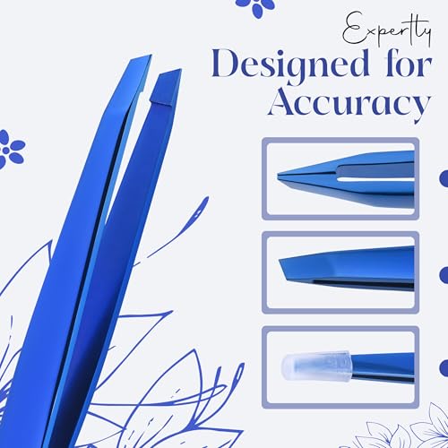 Professional Slant Tip Tweezers for Eyebrows ? Premium Stainless Steel, Ultra-Precise Hand-Aligned Tips, Facial Hair & Ingrown Hair Removal (Cosmic Blue)