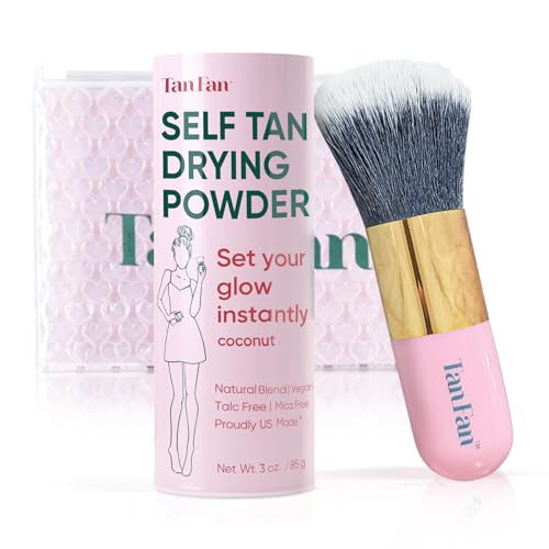 Tan Fan Self Tan Drying Powder Kit - Stops Sticky Feeling - Sets Sunless Tanner - 100% Vegan Talc-Free Translucent Natural Blend Setting w Brush + Pouch For Smooth Silky Skin - USA Made (Coconut 3oz)