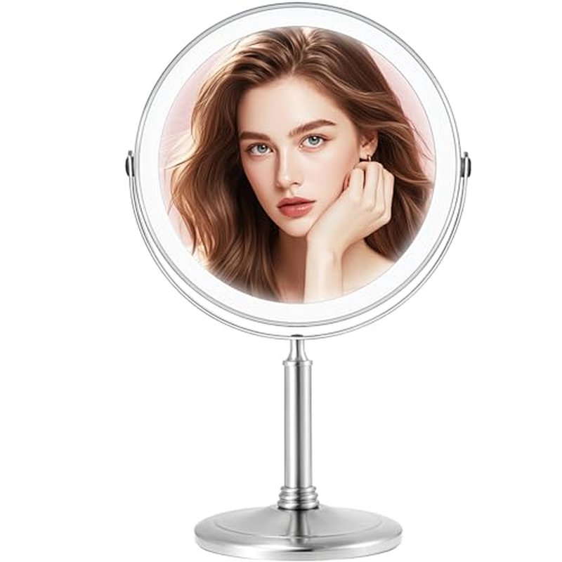 4000mAh Large Rechargeable Lighted Makeup Mirror Nickel, 2-Sided 1X/10X HD Undistorted 8" Magnifying Mirror with 3 Color Lights Dimmable, 360¡Æ Swivel Seamless Cordless Travel Vanity Mirror -Detachable