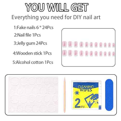 Medium Square Press On Nails Girls Fake Nails with Pink to white Ombre Simple and Stylish Design, Acrylic Artificial False Nails Press On Stick On Nails for Women