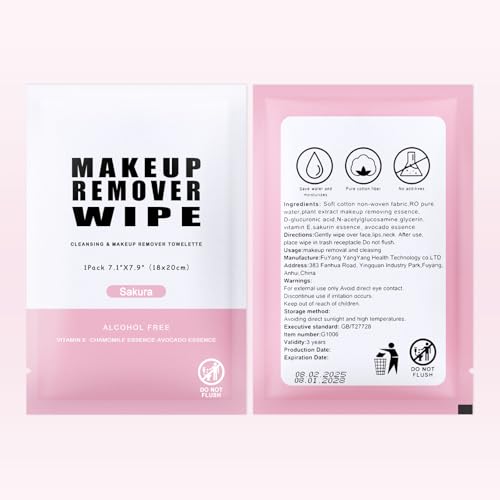 Pack of 50 Pcs Travel Makeup Remover Wipes Individually Wrapped,Sakura Scent,Face Cleansing Wipes Bulk, Towelette Makeup Remover Cloth for Face Cleansing Skin Care Remove Makeup