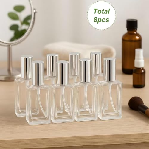 8Packs 15ml Clear Empty Perfume Bottle with Silver Caps Glass Fine Mist Atomizer Spray Bottles Refillable Mini Fragrance Glass Bottles for Cleaning, Essential Oil, Liquid