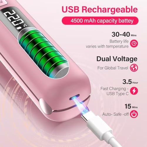 Prettrans Cordless Hair Straightener & Curler 2 in 1 - Mini, USB Rechargeable, Fast Heating, Portable Ceramic Flat Iron (Pink)
