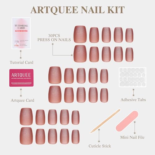 Artquee Green Cat Eye Press on Nails Short Fake Nails Square False Nails Art Glossy Artificial Reusable Stick on Nails - 30 Nail Kit