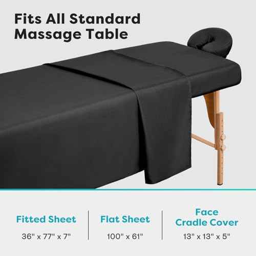 Comfyanno Massage Table Sheets Sets, 3 Pcs Professional Microfiber Massage Bed Cover Sheets, Soft, Light-Weight, Stain & Wrinkle Resistant, Includes Flat & Fitted Sheet, Face Cradle Cover - Black