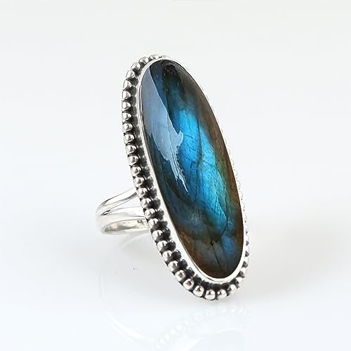 Blue Flash Labradorite Gemstone 925 Sterling Silver Handmade Long Oval Statement Ring For Women Designer Labradorite Jewelry For Anniversary, Wedding, Friendship, Love Gift Ring By NKG