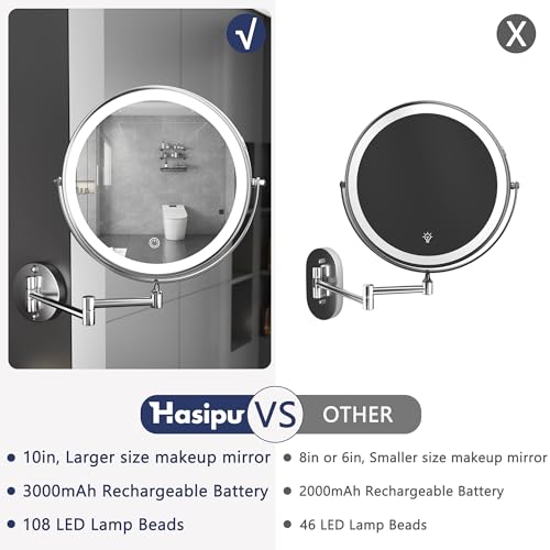 Hasipu 10-Inch Wall Mounted Makeup Mirror with Magnification, Rechargeable 3000 mAh Vanity Mirror with Lights, Bathroom Mirror with Dimmable Brightness, 3 Lighting Modes, Extendable Arm, Chrome