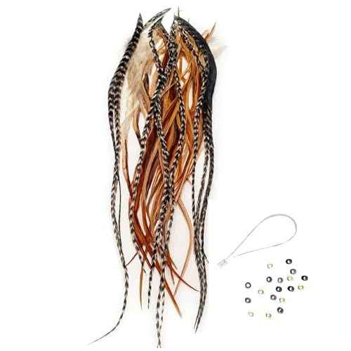 Sexy Sparkles Feather Hair Extension ? 25 Loose Long Natural Rooster Feathers in Brown, Beige, and Grizzly, All Individual Feathers, Ranging From 6 to 11 Inches in Length