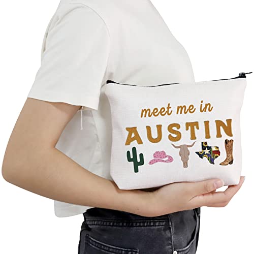 POFULL Austin Gifts Texas Bachelorette Party Makeup Bag Meet Me in Austin Travel Cosmetic Pouch