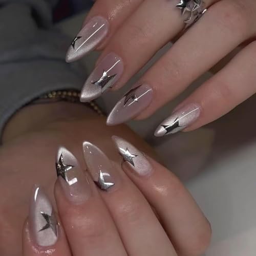 Medium Almond Press On Nails - Nude Pink Cat Eye with Silver Stars