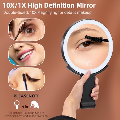 1x 10x Magnifying Makeup Mirror with Light, Double-Sided Magnifying Travel Makeup Mirror Rechargeable Three in One Handheld Desktop Hanging with 3-Color Light LED
