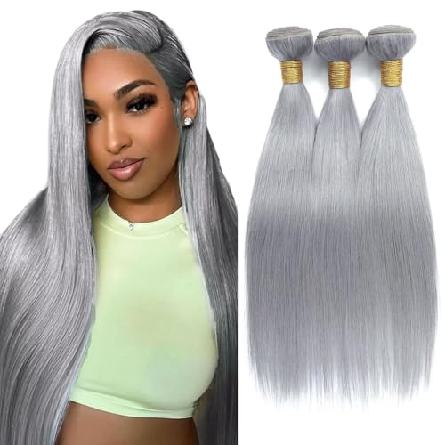 Silver Grey Straight Human Hair Bundles 22-26 Inch 3 Pack