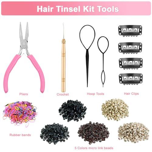 20 Colors Hair Tinsel Kit with Tools - 8000 Strands Heat Resistant Extensions