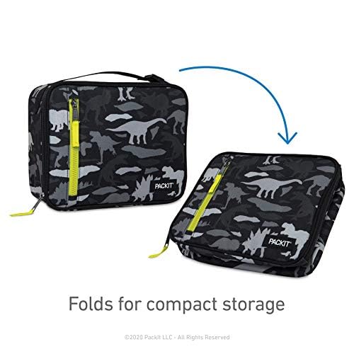 PackIt Freezable Classic Lunch Box, Dino Camo Charcoal, Built with EcoFreeze Technology, Collapsible, Reusable, Zip Closure With Zip Front Pocket and Buckle Handle, Designed for Lunches