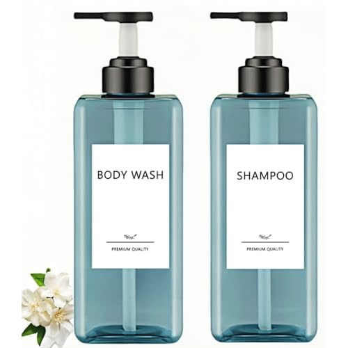Shampoo and Conditioner Dispensers 25OZ Refillable Large Shower Bottles 2Pack Hand Soap Dish Soap Dispenser with Waterproof Labels Square Pump Bottle for Bathroom and Kitchen- Blue, 750ml