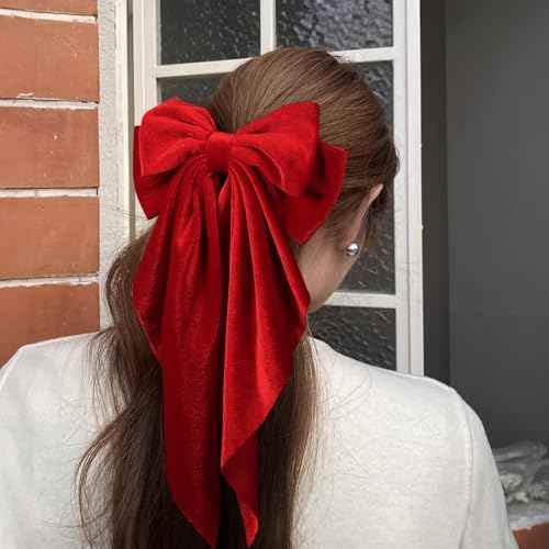 Bright Red Velvet Large Hair Bow Long Tail Bowknot Hair Barrette Clip 8.26 Inch Women Girls Fall Winter Ponytail Holder Hair Accessories