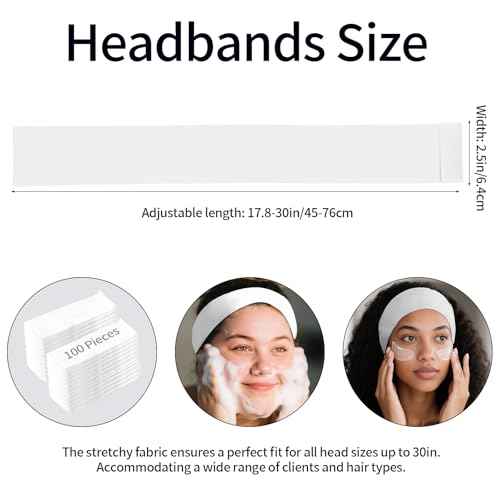 Meifuly 100PCS Disposable Headband for Women, Soft & Stretchy Non-woven Fabric Spa Hairband for Makeup, Washing Face, Esthetician Salon Supplies, Travel