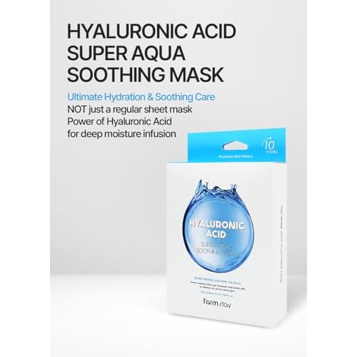 FARMSTAY Hyaluronic Acid Super Aqua Soothing Mask - Deep Hydration & Skin Calming Sheet Mask with Hyaluronic Acid - Moisturizing Care for All Skin Types, 0.84 fl.oz*10 Sheets