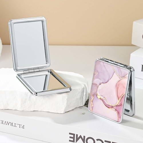 Pink Marble Small Travel Pocket Mirror with 2x Magnification - Double-Sided Cosmetic Mirror