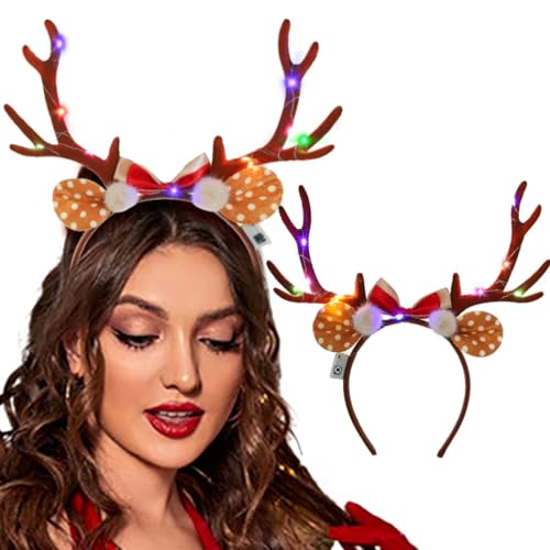 Fdesigner Antler Reindeer Headbands Brown Light Up Christmas Deer Hairband Elk Headband Xmas Fawn Ears Headpiece Holiday Women Hair Accessories Props for Costume (Bow)