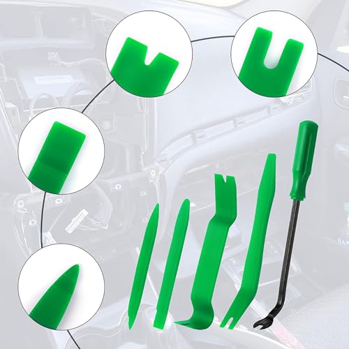 LivTee 5 pcs Auto Trim Removal Tool Kit, No Scratch Plastic Pry Tool Kit - Interior Door Panel Clip Fastener Removal Set for Vehicle Dash Radio Audio Installer (Green)