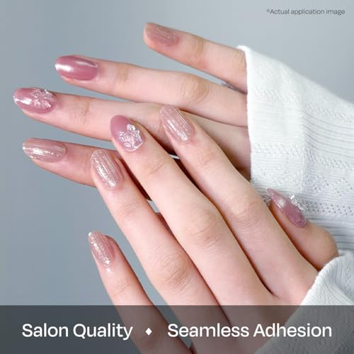 ohora Semi Cured Gel Nail Strips N Rosy Bow with Gold Glitter Line - Easy Application & Long Wear
