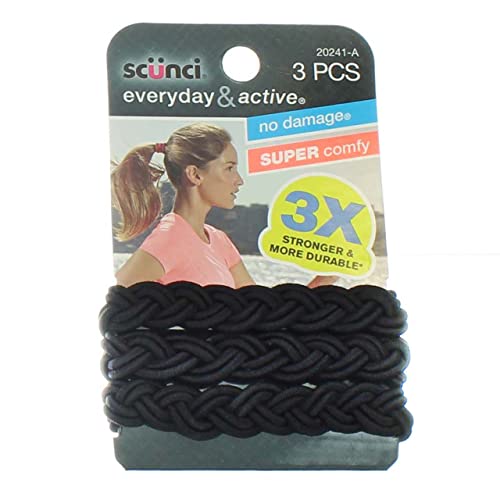 Scunci Everyday and Active 3-Strand Braided Elastics , No Damage, Super Comfy, 3X Stronger (Assorted Colors) 3-PCS