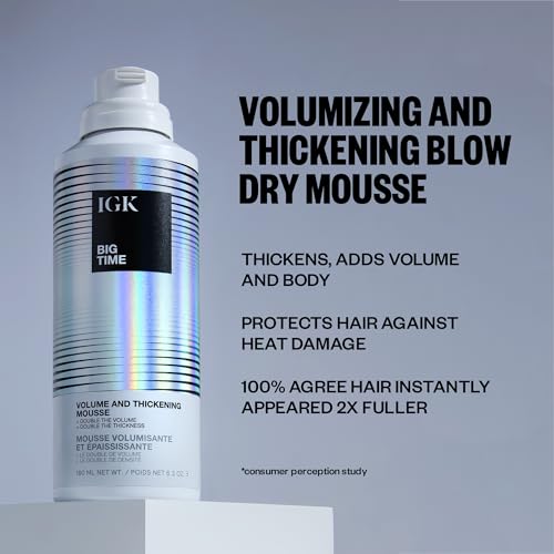 IGK BIG TIME Volume & Thickening Mousse | Moveable + Fullness + Frizz Control | Vegan-+ Cruelty Free-| 6.2 Oz,(Pack of 2)