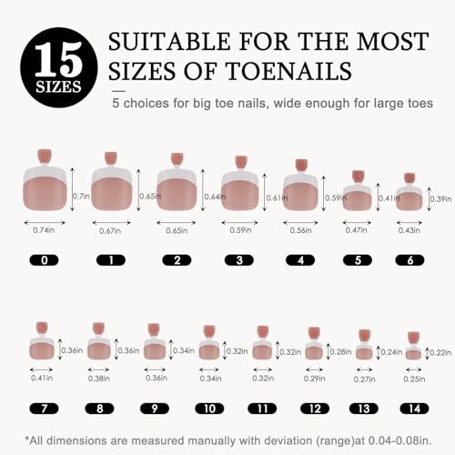 Wellquinn Brown French Toe Nail Tips, Clear Acrylic False Nail Tips Fake Nails Soft Gel Nail Tips 15 Sizes for Toe Nails Extension 300pcs Brown