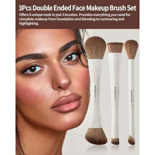 EIGSHOW Makeup Brush Set, 3Pcs Double Ended Face Makeup Brushes for Foundation Powder Contour Highlight Concealer Nose Shadow, Travel Gift Set (Beige)