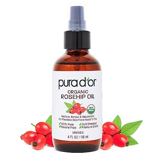 PURA D'OR 4 Oz ORGANIC Rosehip Seed Oil 100% Pure Cold Pressed USDA Certified All Natural Moisturizer For Anti-Aging, Acne Scar Treatment, Gua Sha Massage, Face, Hair & Skin, Women & Men