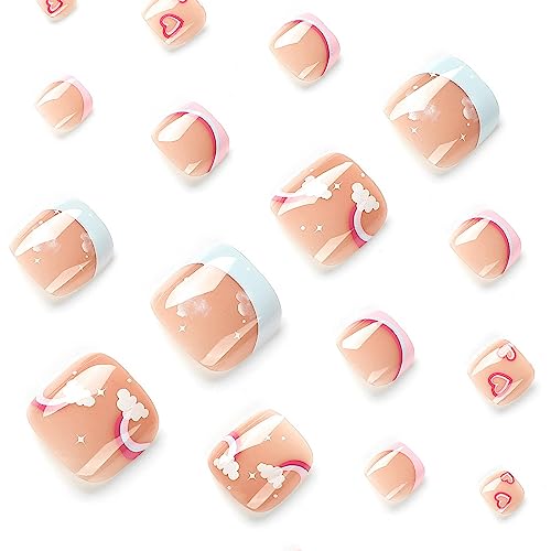 French Tip Press on Toenails Press on Nails Short Square 24PCS Fake Toe Nails with Cloud Rainbow Designs Designs Nude Pink Full Cover Glossy Toe Fake Nails Acrylic Toenails for Women and Girls