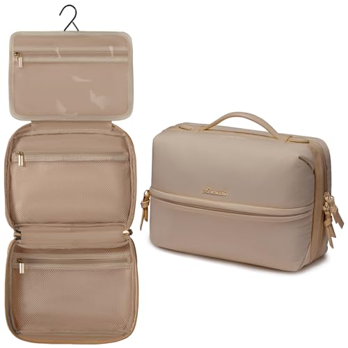 LOVEVOOK Travel Toiletry Bag With Hanging Hook for Women, Puffy Cosmetic Makeup Bag Organizer with Vegan Leather Handle for Accessories, Essentials, Toiletries, Khaki